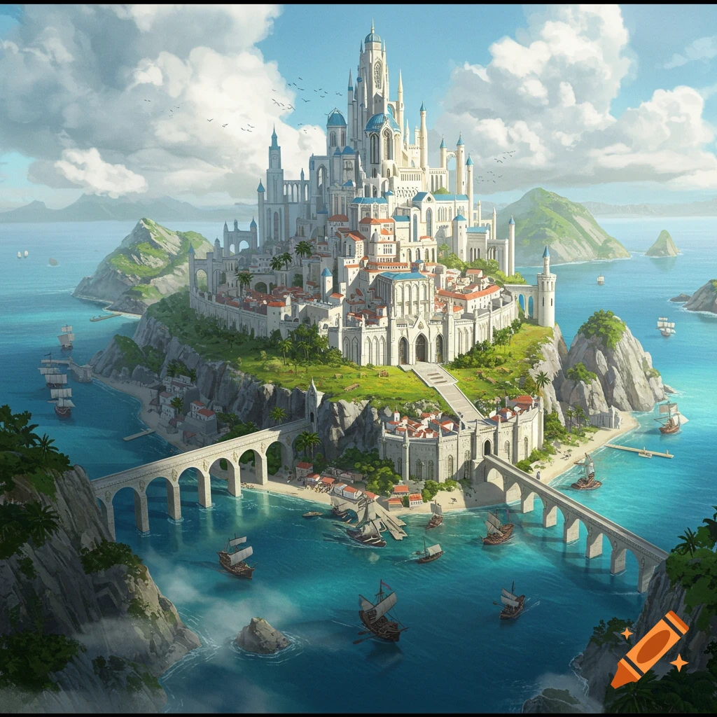 A majestic white castle sits on a green island in a turquoise sea, with ships, bridges, and cliffs.