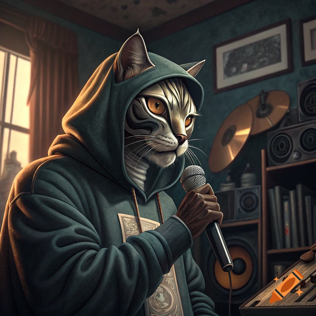 An anthropomorphic cat in a hoodie holds a microphone in a recording studio.