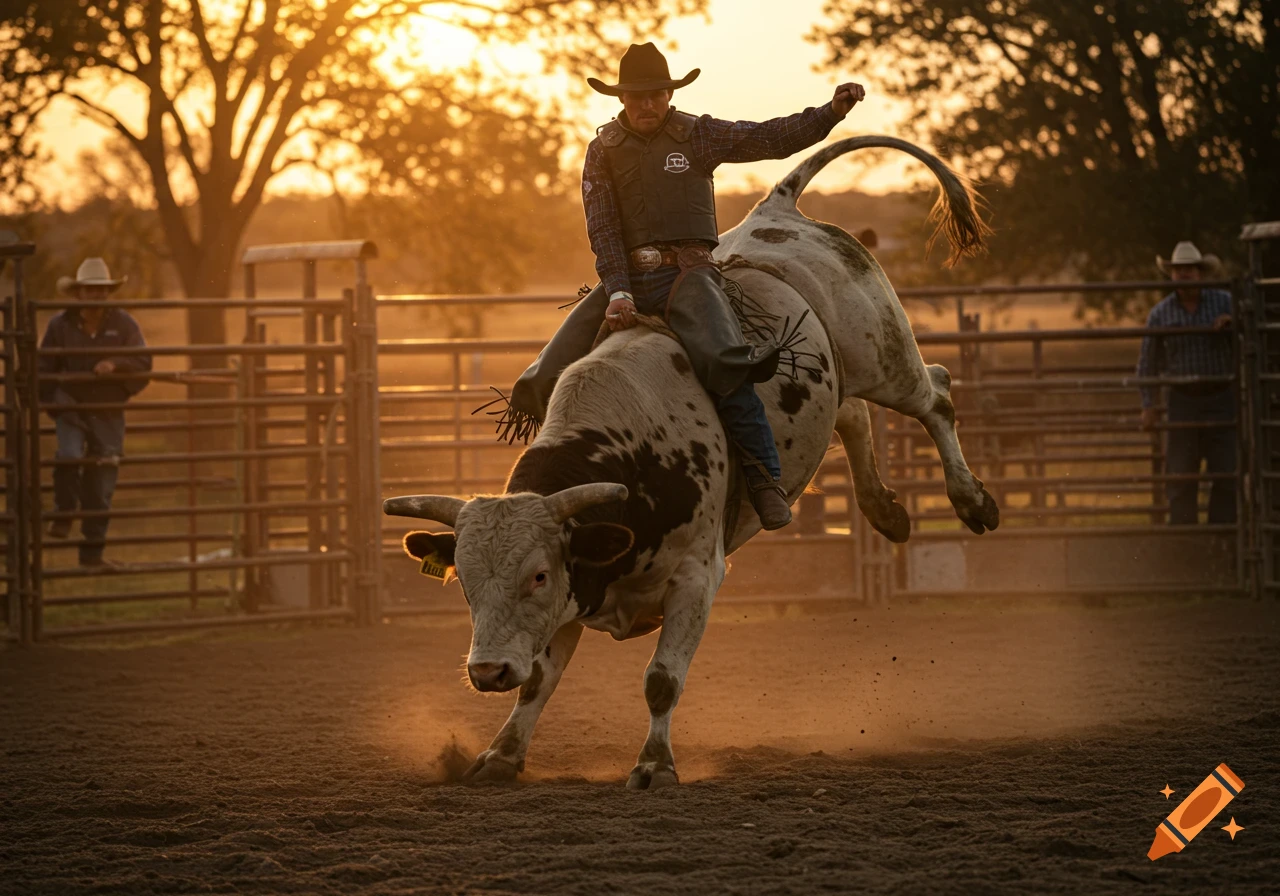 Photorealistic image of a cowboy riding a bucking white bull with dark spots in a dusty rodeo arena at sunset.