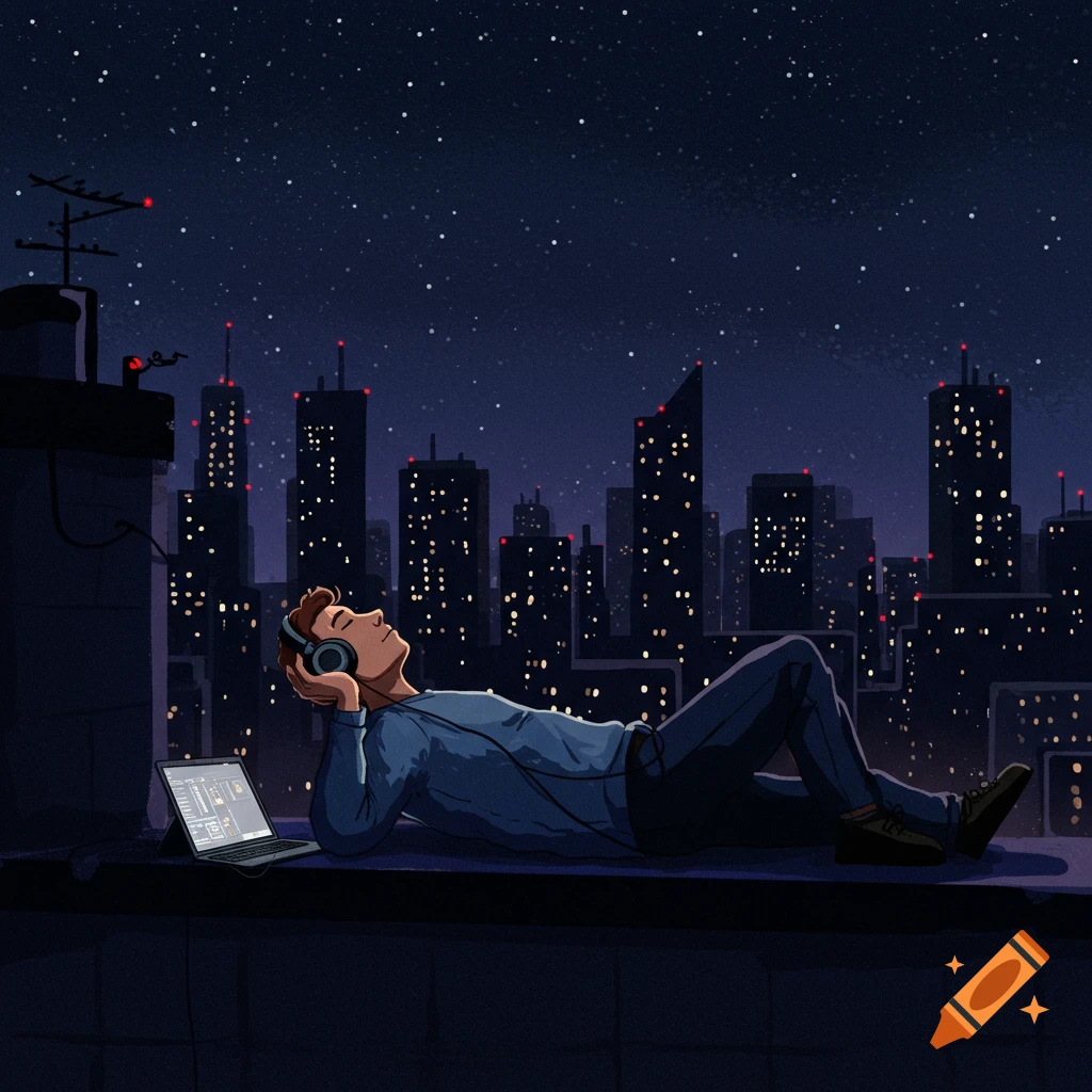 An illustration of a person lying on a rooftop at night, wearing headphones and looking at the starry sky over a city skyline.