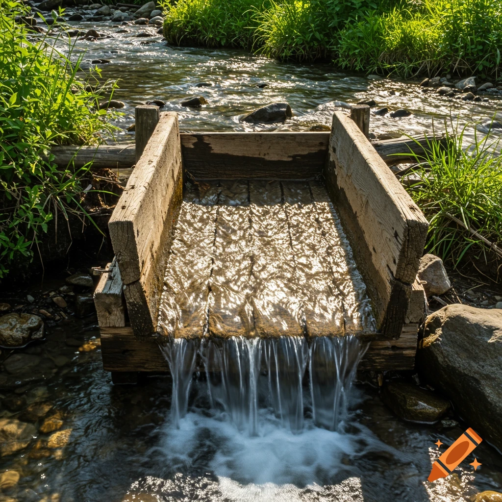 Water flows through a wooden sluice box in a sunlit creek surrounded by green plants.