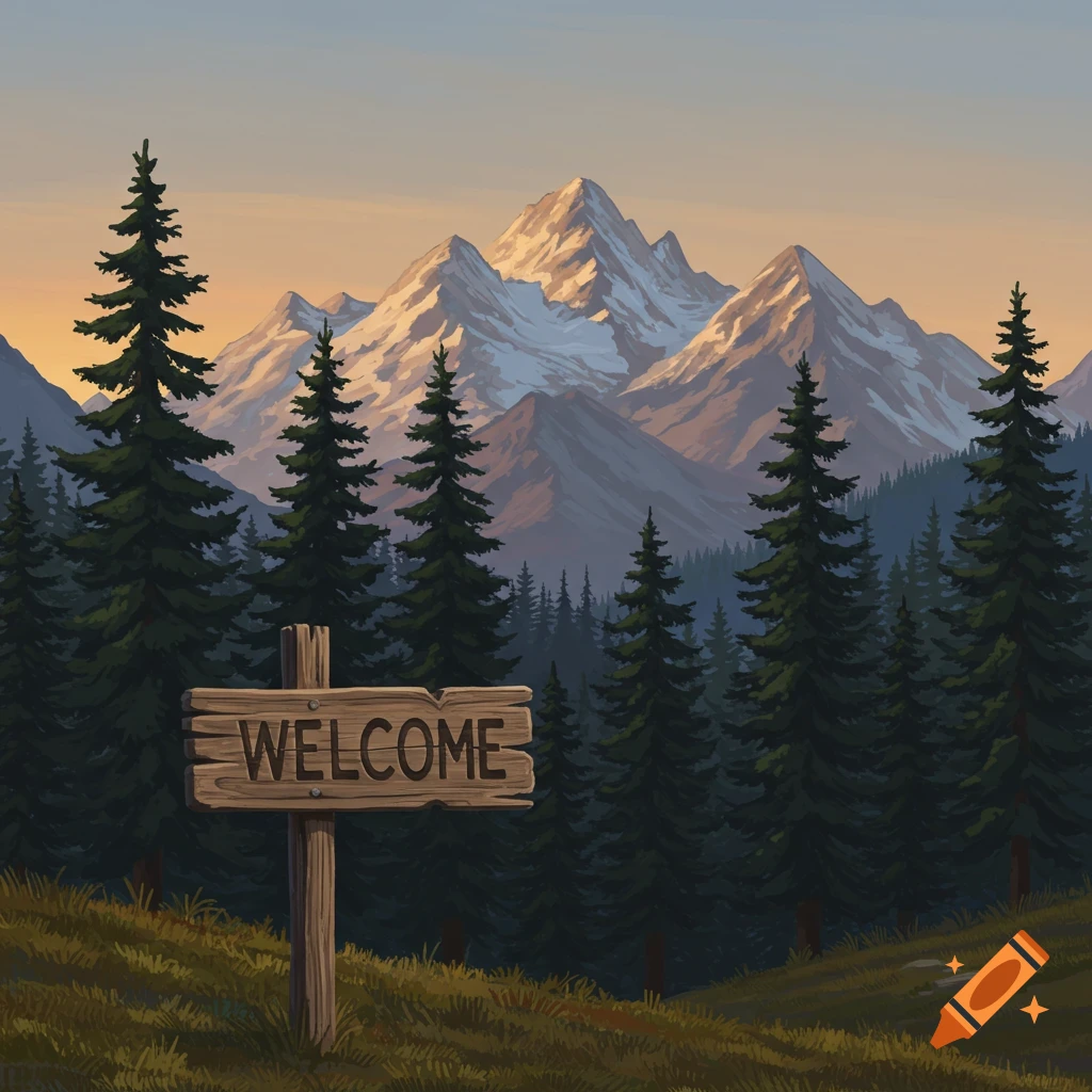 WELCOME sign in a mountain landscape with pine trees