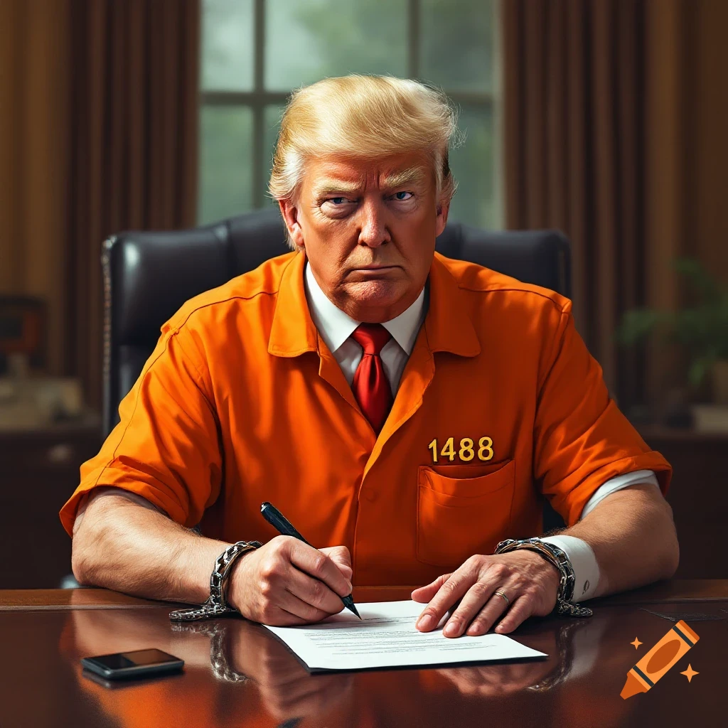 Donald Trump in orange prison uniform and handcuffs signs document at desk