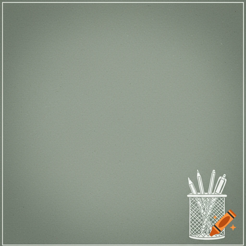 Eucalyptus green background with white outline illustration of a pen holder and pens in the bottom right corner.