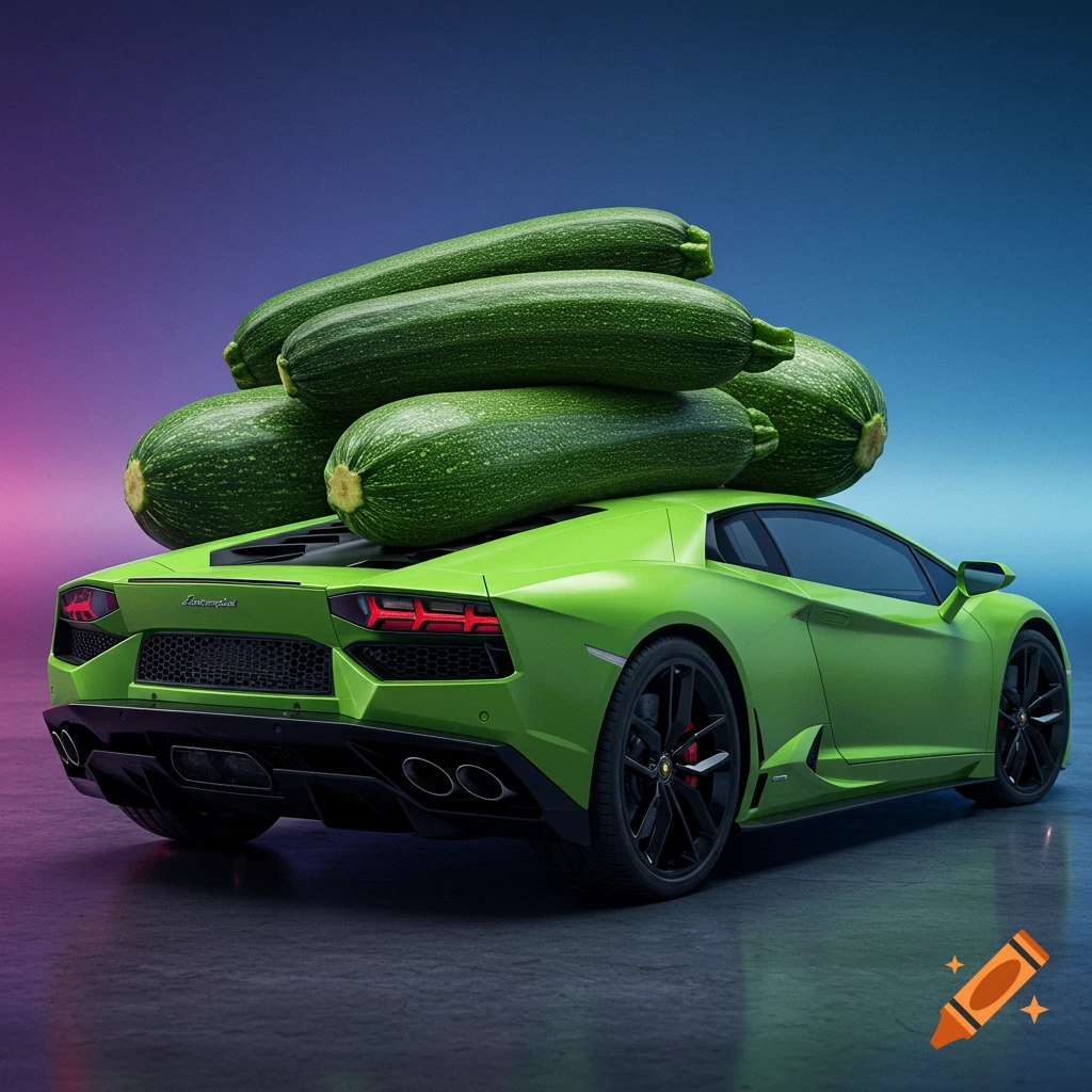 A green Lamborghini sports car is parked with several large zucchini piled on its roof. Photorealistic style.