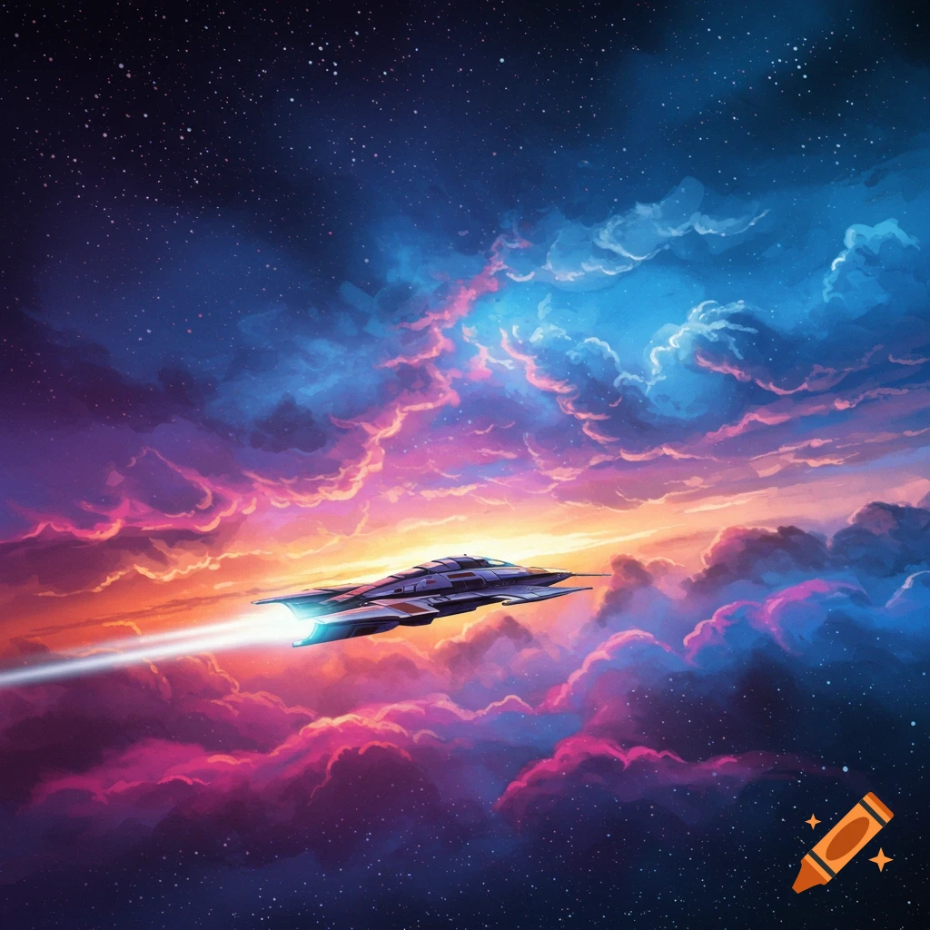 Sci-fi art of a spaceship flying through vibrant orange, pink, and blue clouds against a starry sky.