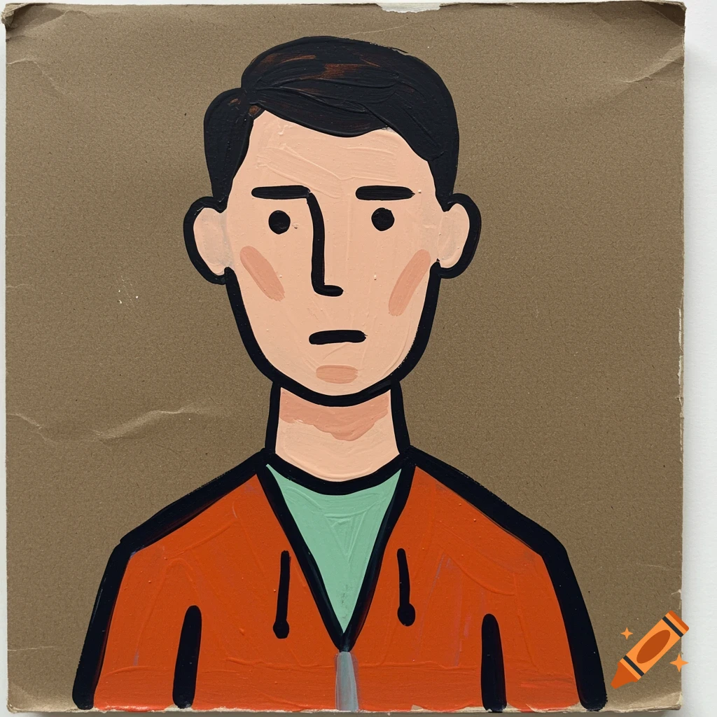 Simple painted portrait of a man in an orange jacket
