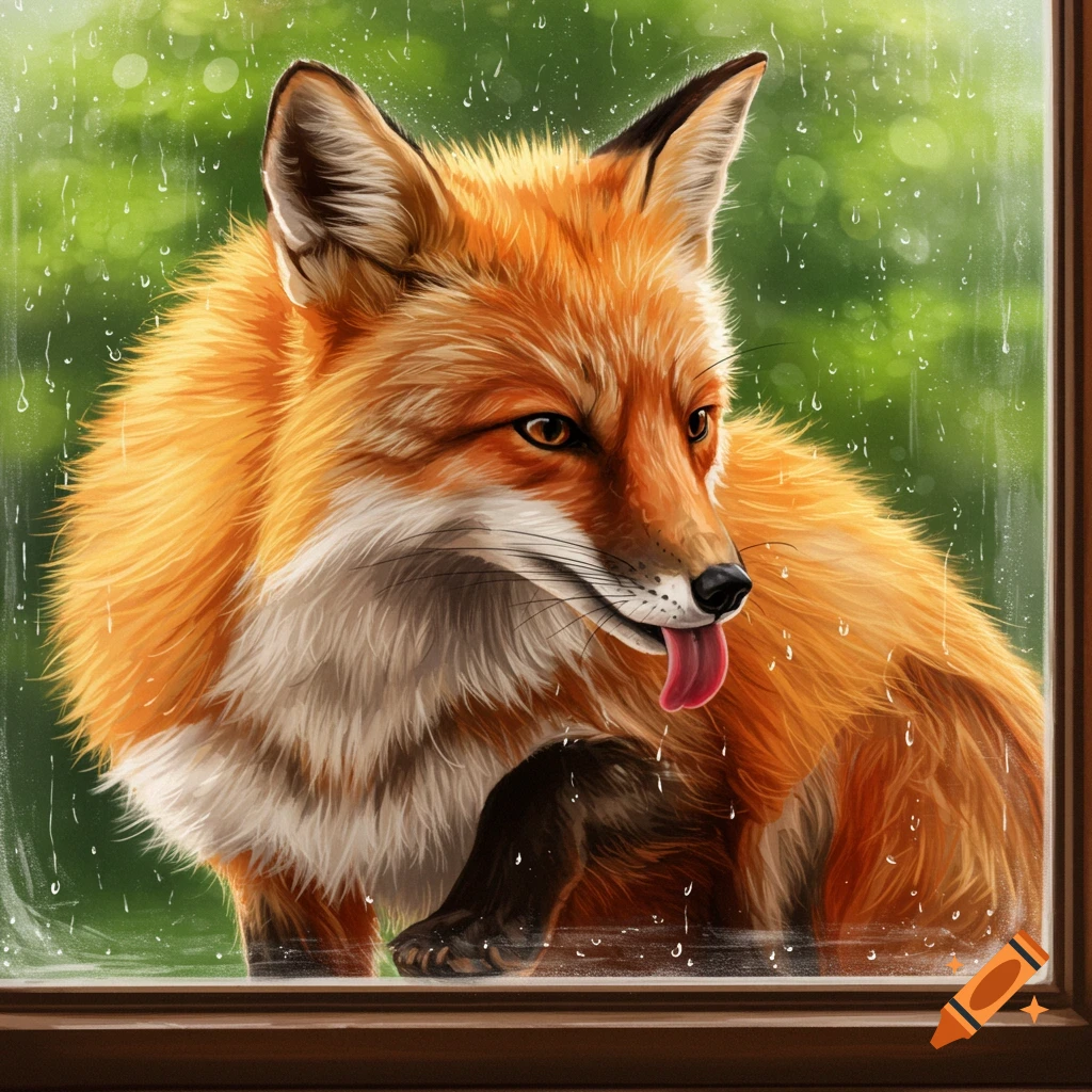 An illustration of a red fox sticking its tongue out while looking through a rainy window.