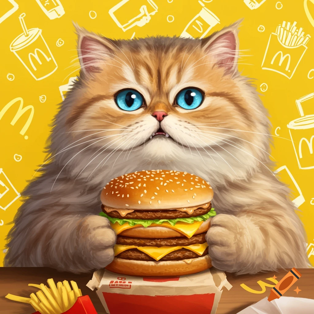A fluffy orange cat holds a large triple cheeseburger. Fries and stylized fast food branding are in the background.