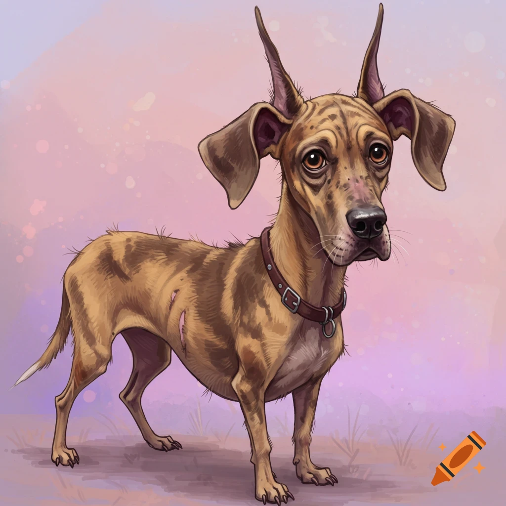 Stylized illustration of a brown and tan dog with long ears and collar standing against a pastel background.