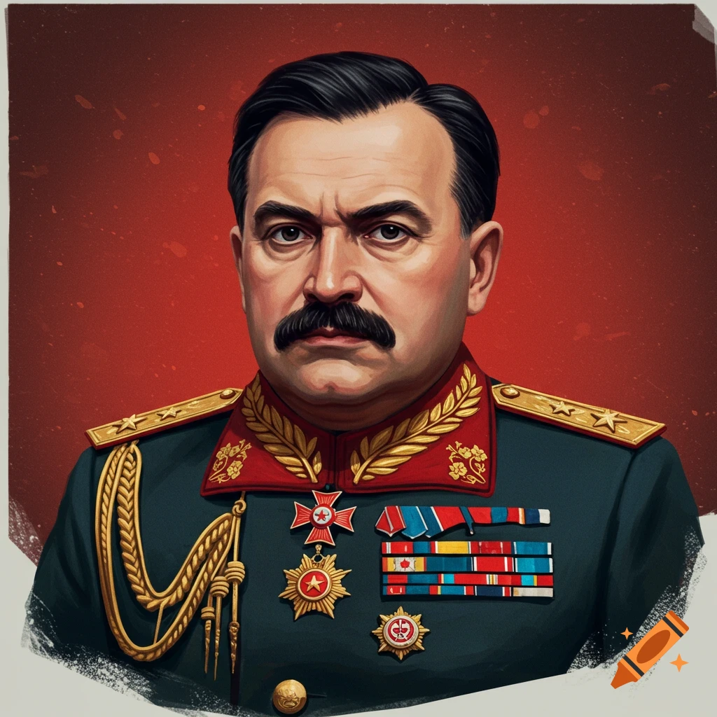 Portrait of a man in a military uniform with medals and mustache, illustration style