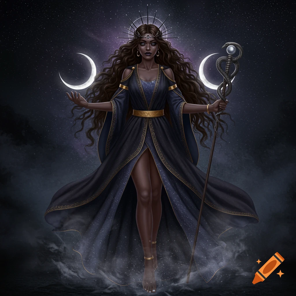 Fantasy illustration of a dark goddess with moons and a staff against a starry sky.