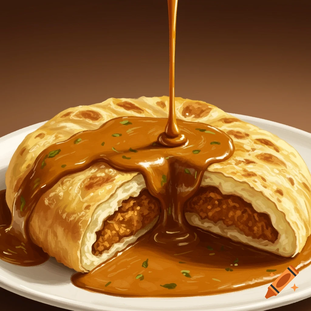 Illustration of a curry-filled pastry cut open, with sauce poured over it on a plate.