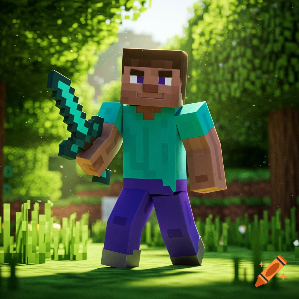 Minecraft character Steve holding a sword in a sunny forest.