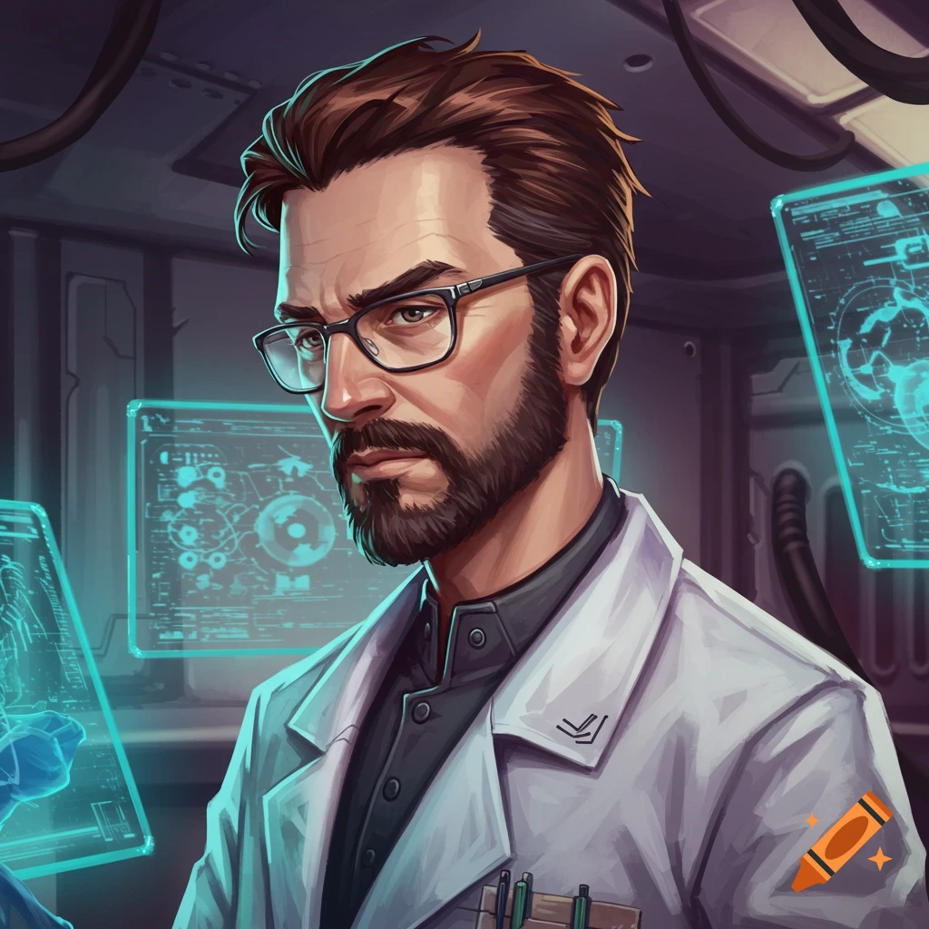 A bearded man with glasses in a lab coat looks at holographic screens in a science fiction laboratory.
