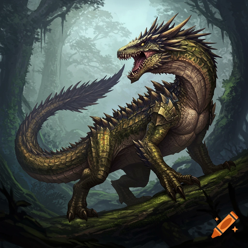 A detailed green and gold dragon-like creature standing on a log in a misty forest.