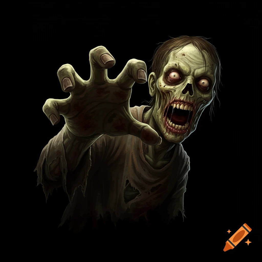 Illustration of a scary zombie reaching out with a bloody hand.