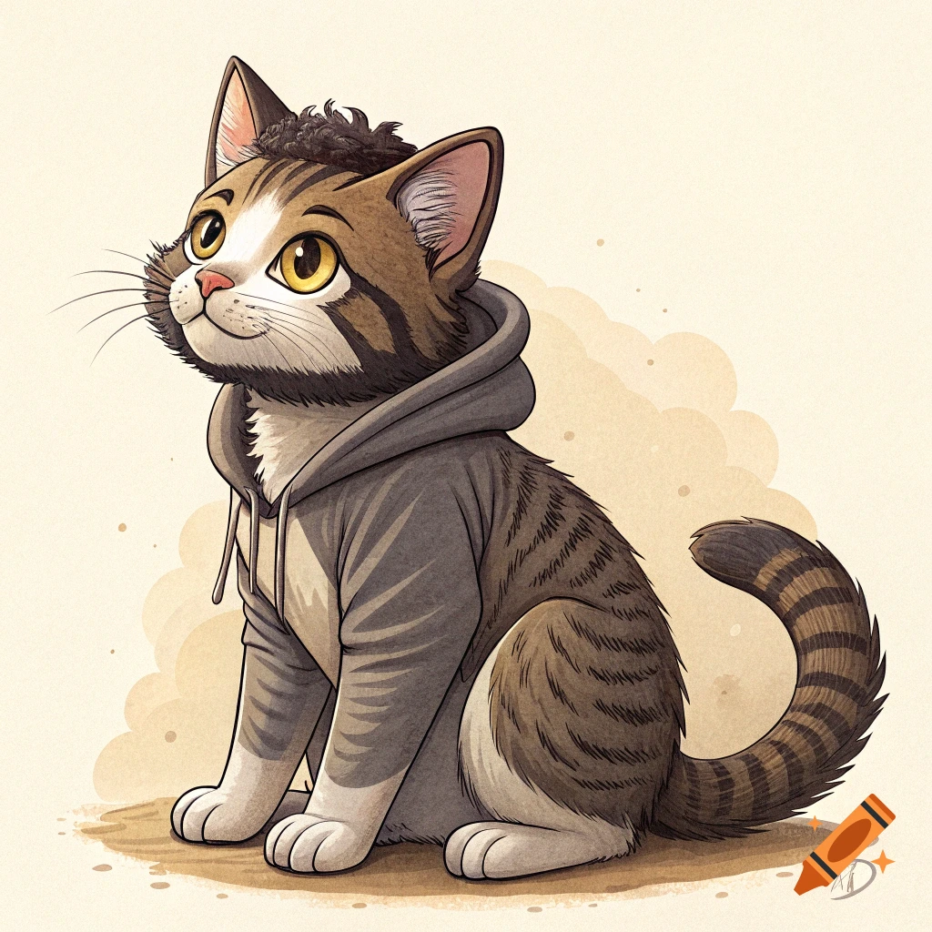 Cartoon illustration of a brown tabby cat wearing a grey hoodie, sitting on the ground.