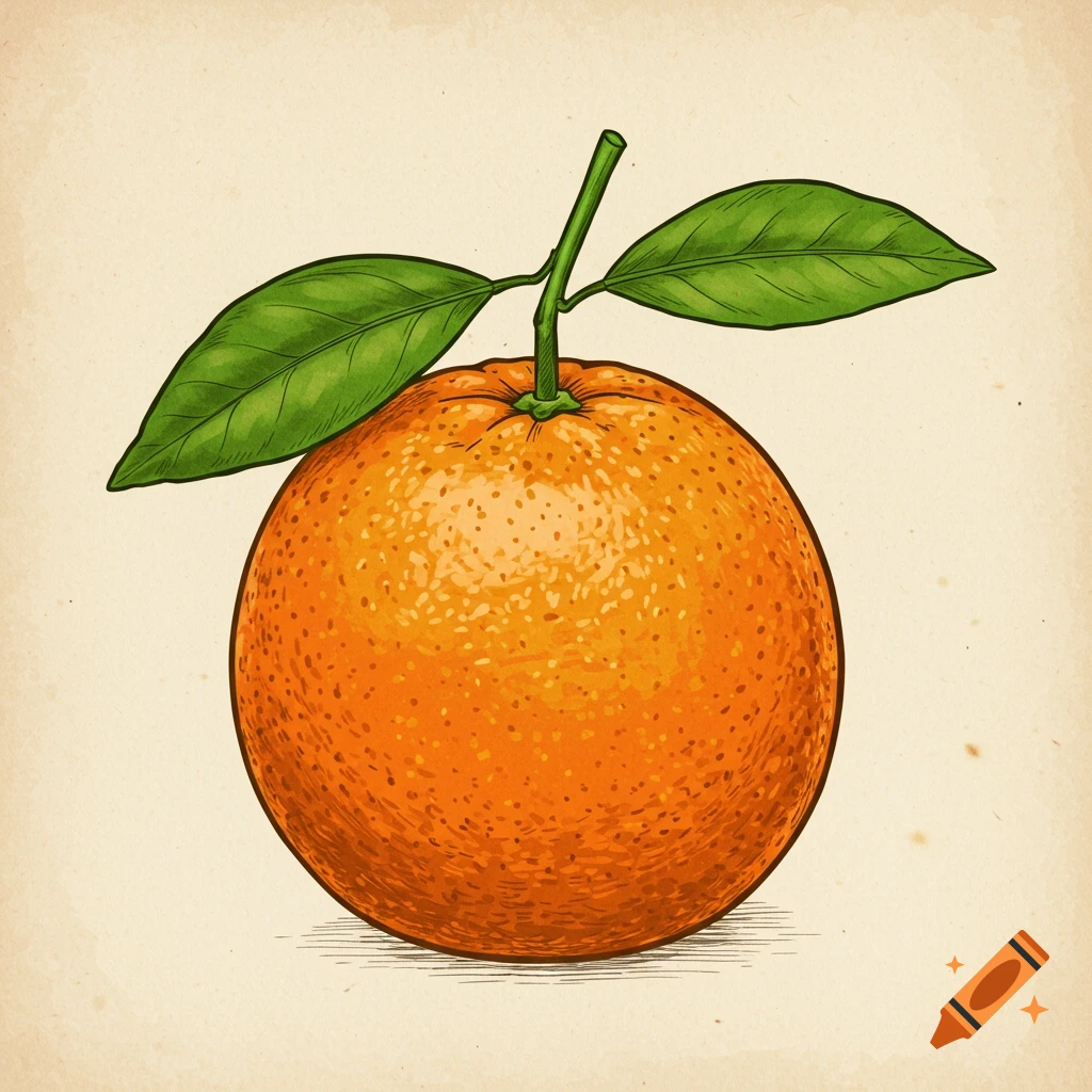 Vintage illustration of an orange with stem and leaves.