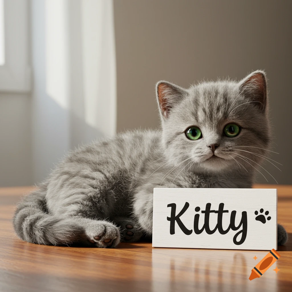 Photorealistic image of a grey kitten lying on a floor next to a sign that says Kitty.