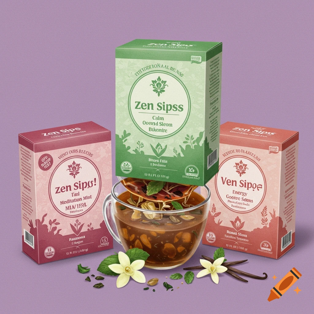 Three boxes of Zen Sips style tea in pink, green, and orange next to a cup of tea with ingredients.