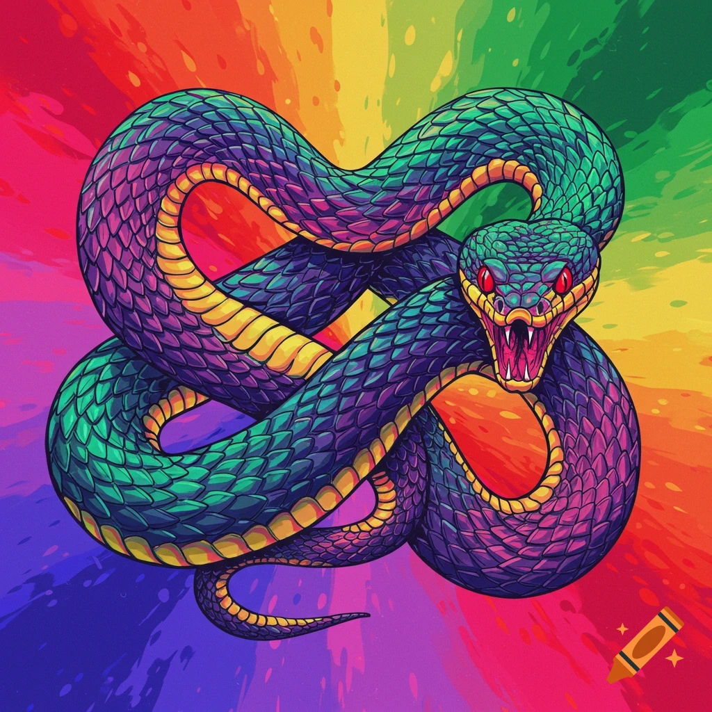 Stylized multicolored snake coiled into an infinity symbol on a rainbow background.