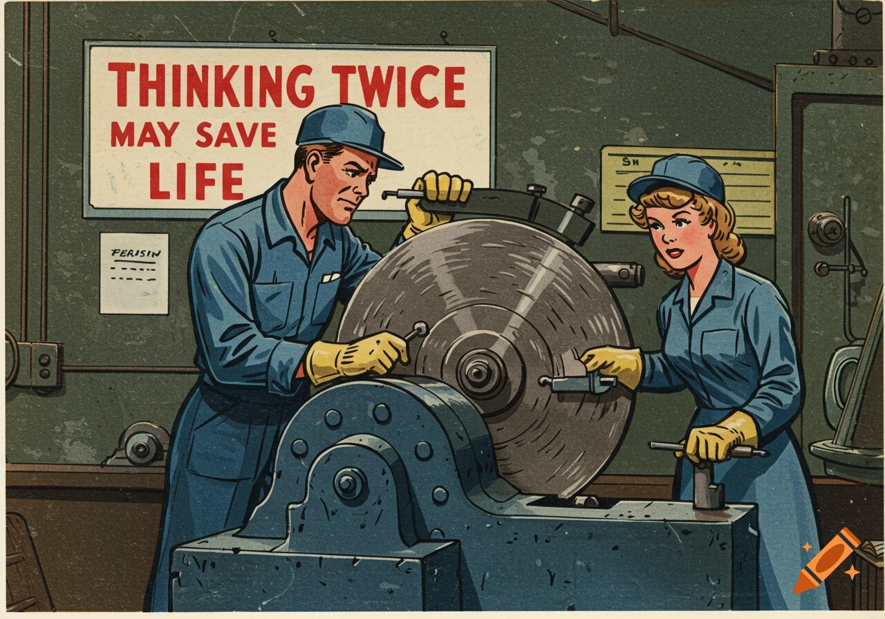 Vintage cartoon of a male and female worker operating machinery in a factory, with a safety sign in the background.