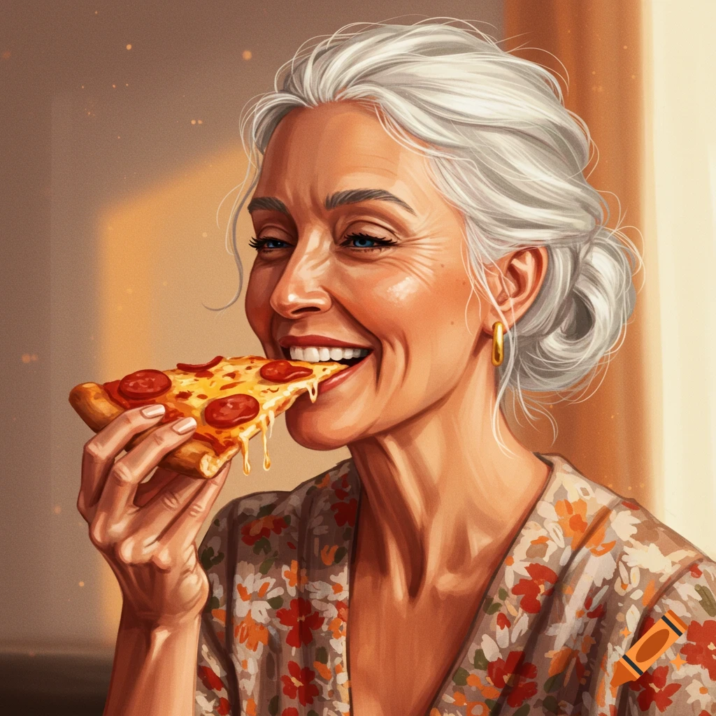 Illustrative portrait of an older woman happily eating pizza.