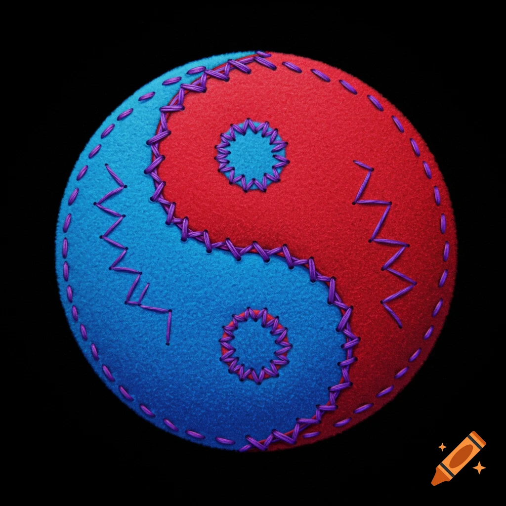 Fabric Yin-Yang symbol with red and blue halves stitched with purple thread.