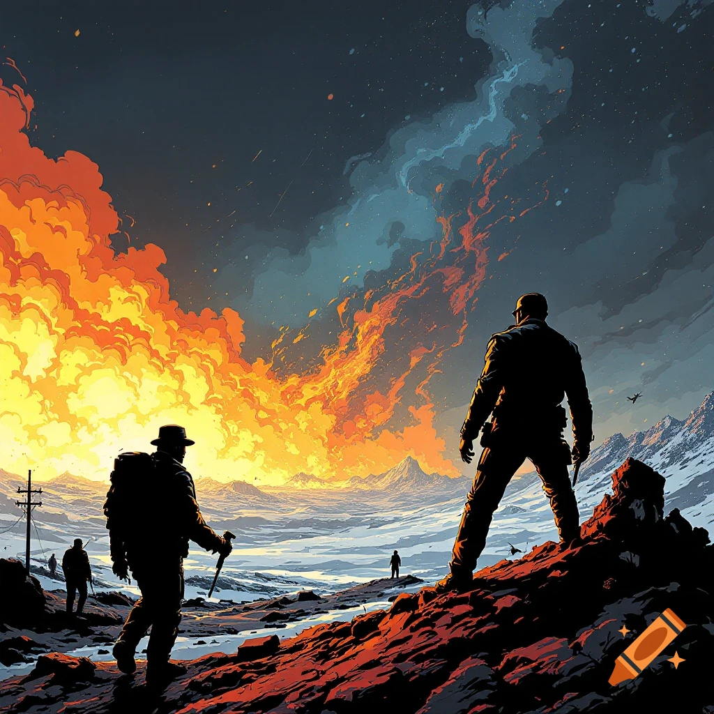 Illustrative view of silhouetted figures looking at a massive fire/explosion over a snowy mountain landscape.