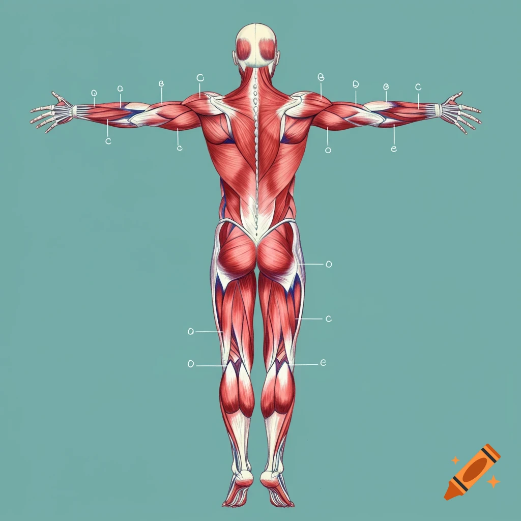 Illustration of human muscles from behind with labels