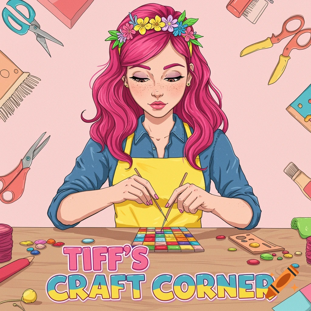 A pink-haired girl works on a craft project at a table surrounded by craft supplies, with the text 'TIFF'S CRAFT CORNER'. Stylized illustration.