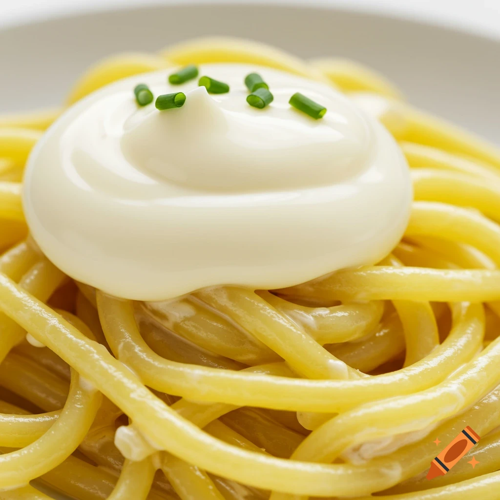 Close-up photo of bucatini pasta topped with a dollop of white sauce and chopped chives.