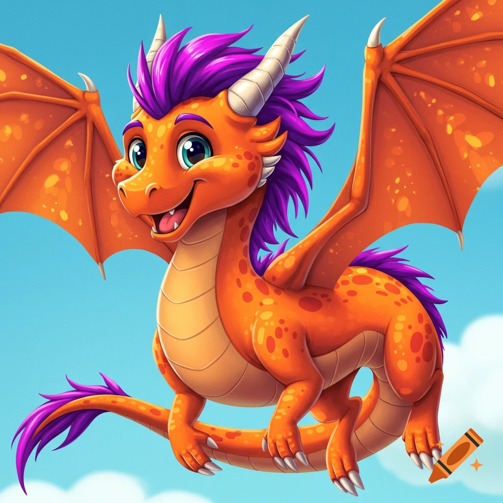 Cartoon orange dragon with purple mane flying in a blue sky