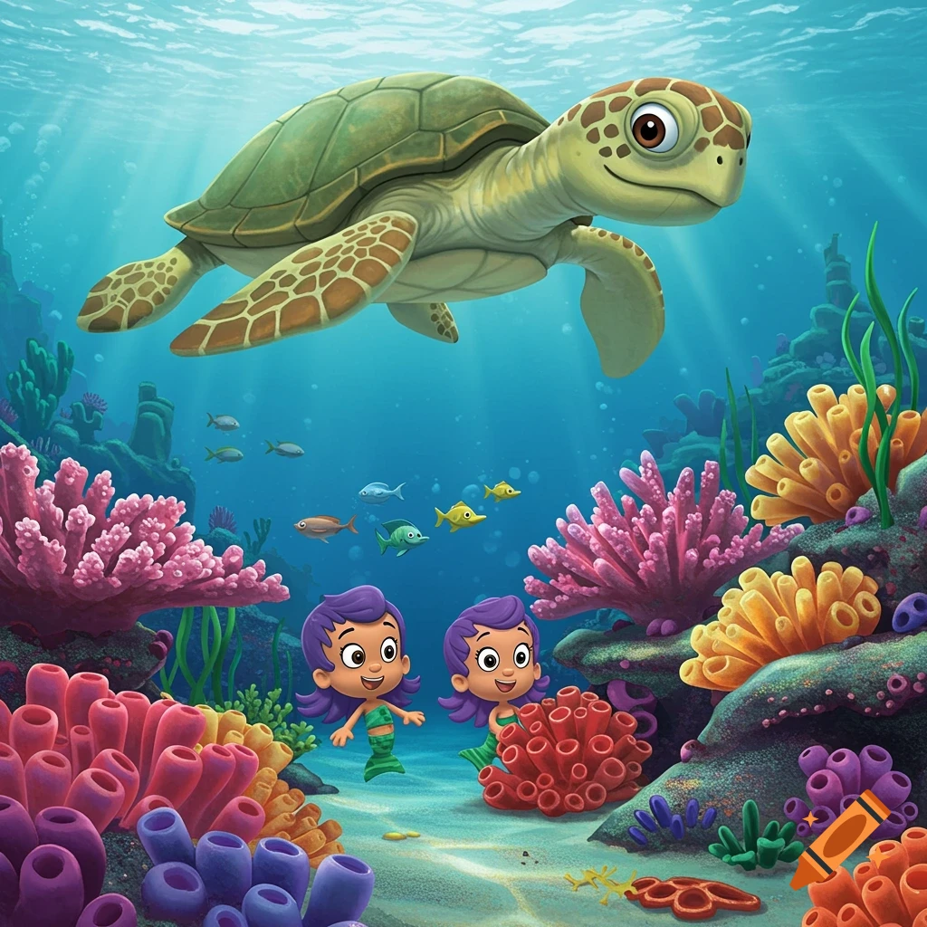 Cartoon turtle swims above two mermaid characters near colorful coral and fish underwater.