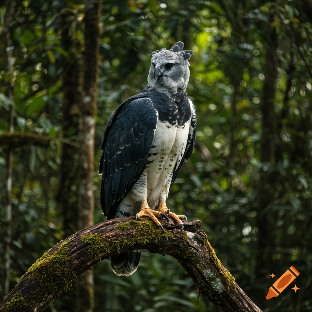 A Harpy Eagle perches on a mossy branch in a forest, looking forward.