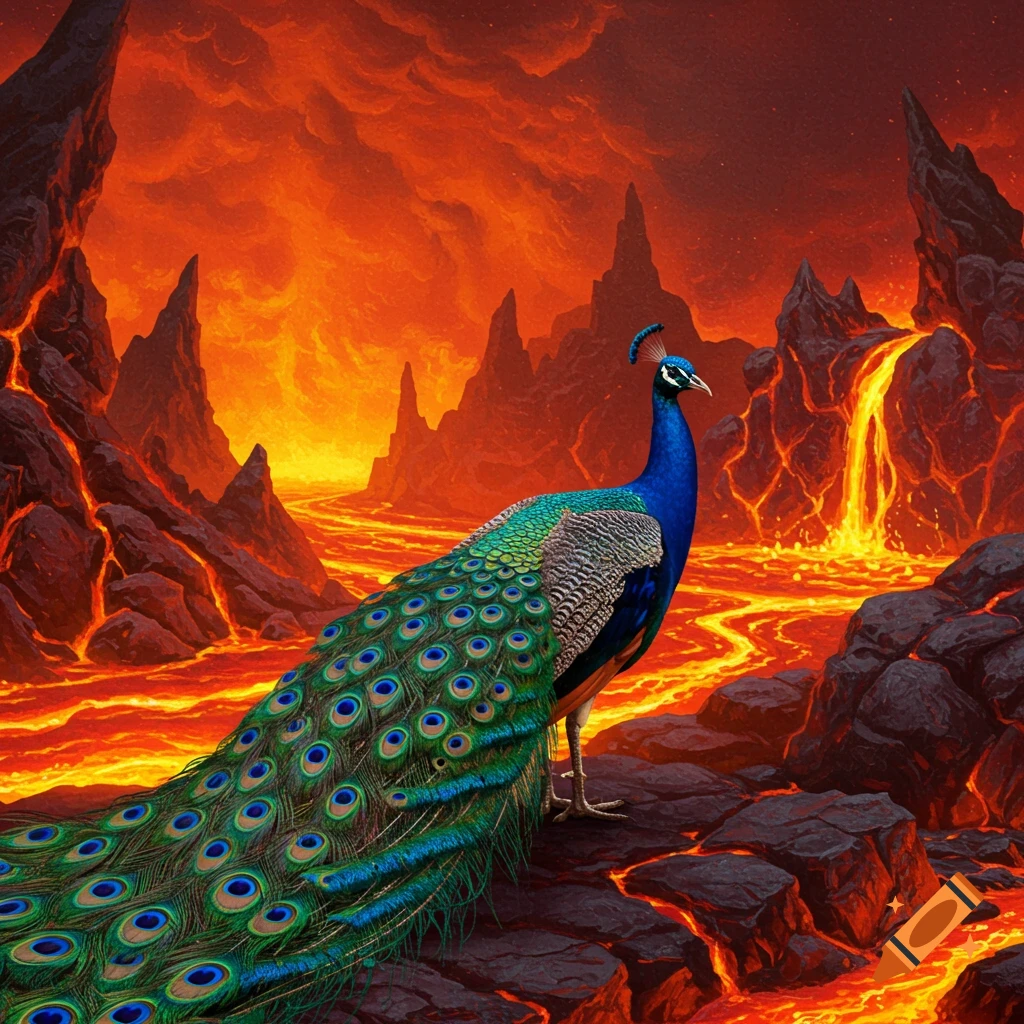 A peacock stands on rocks in a fiery volcanic landscape with flowing lava.