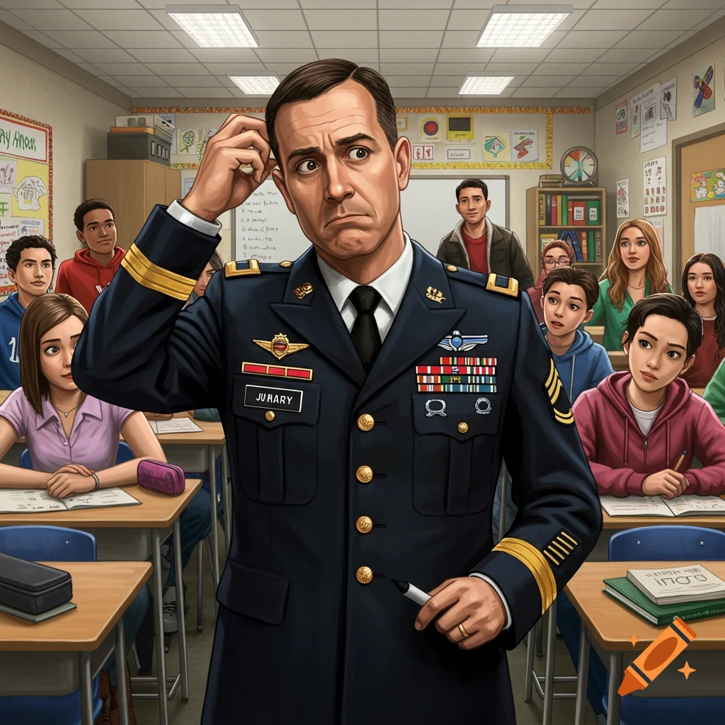 An illustration of a confused army captain scratching his head in a classroom with students.
