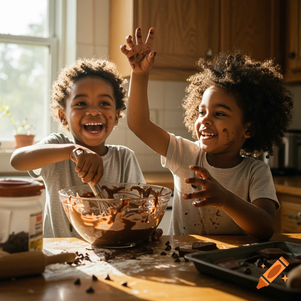 Two joyful children are messy with chocolate while cooking in a kitchen, photorealistic style.