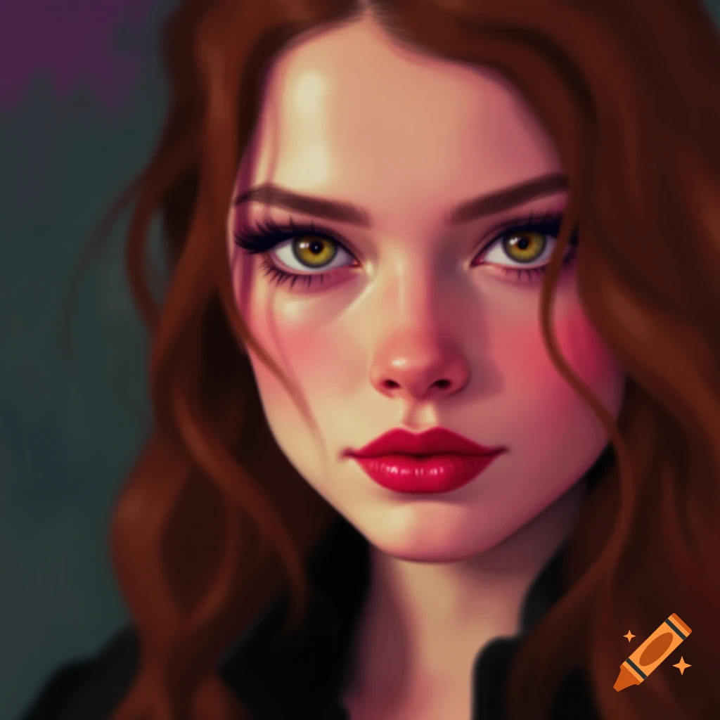 A digital illustration close-up portrait of a young woman with reddish-brown hair and green eyes.
