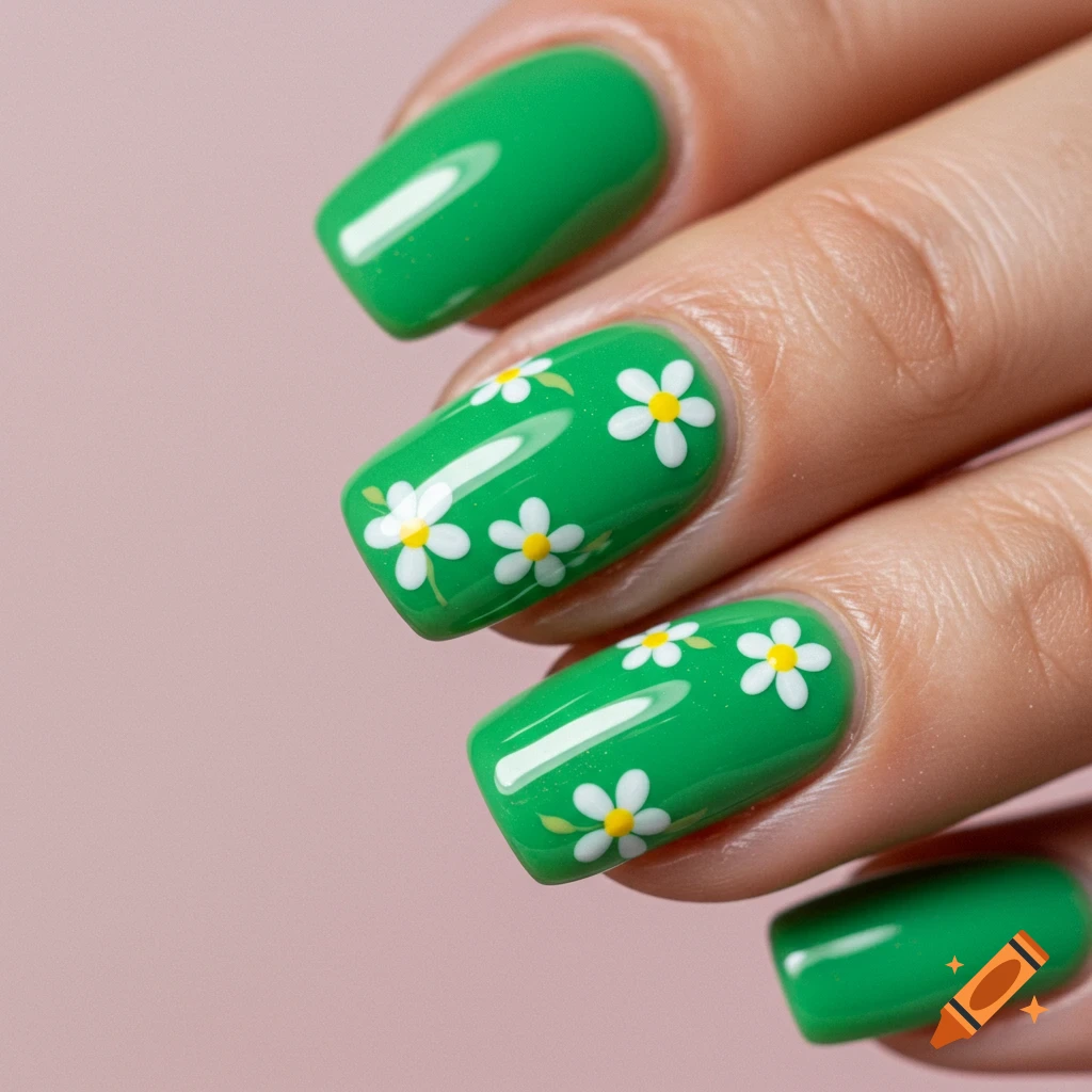 Close up of green gel nails decorated with small white daisy flowers