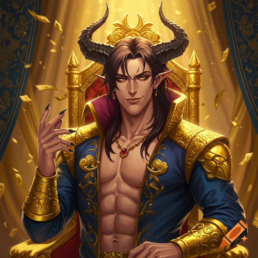 Anime-style illustration of a horned figure on a golden throne surrounded by falling money.