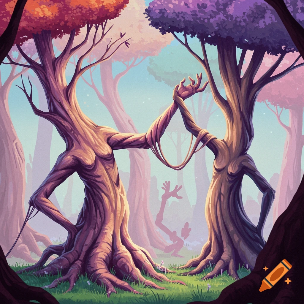 Two trees with arms and hands hold each other in a colorful fantasy forest.