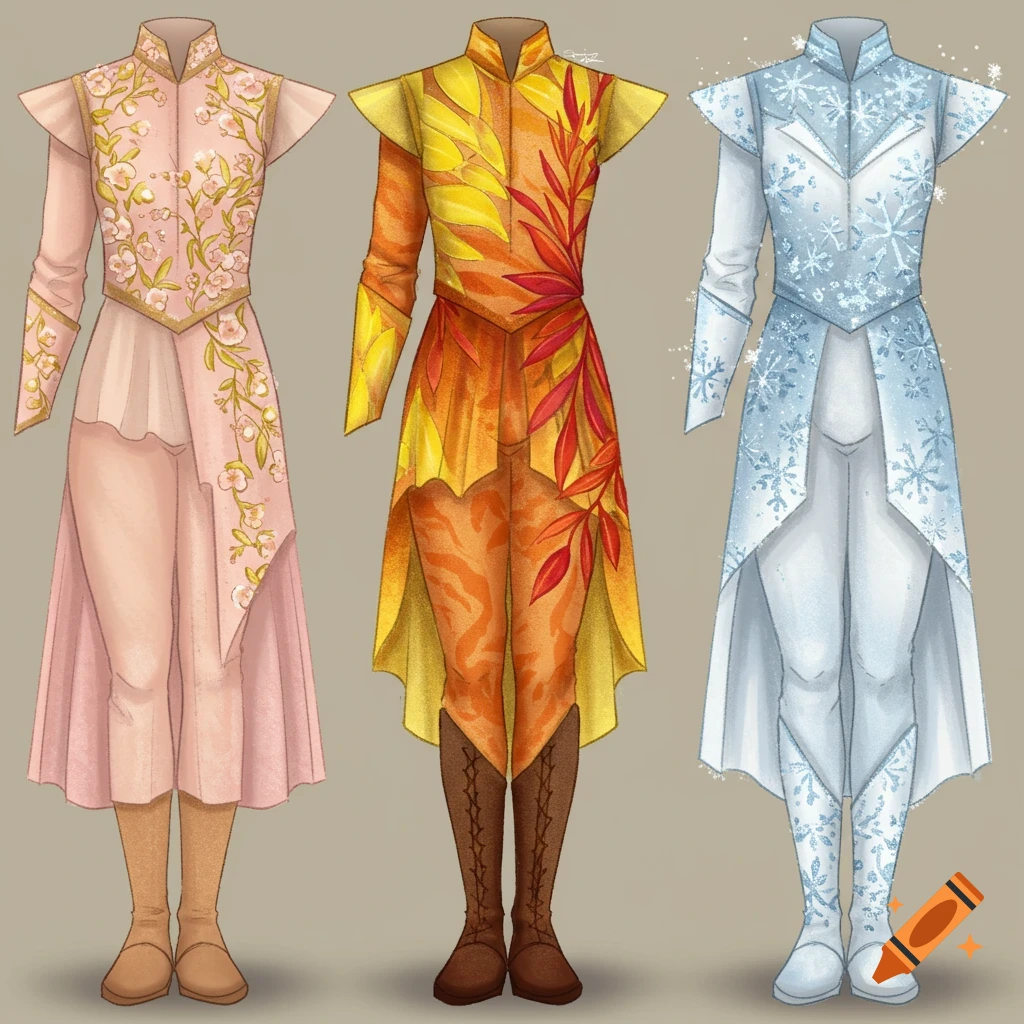 Three illustrative concept uniform designs representing spring, autumn, and winter.