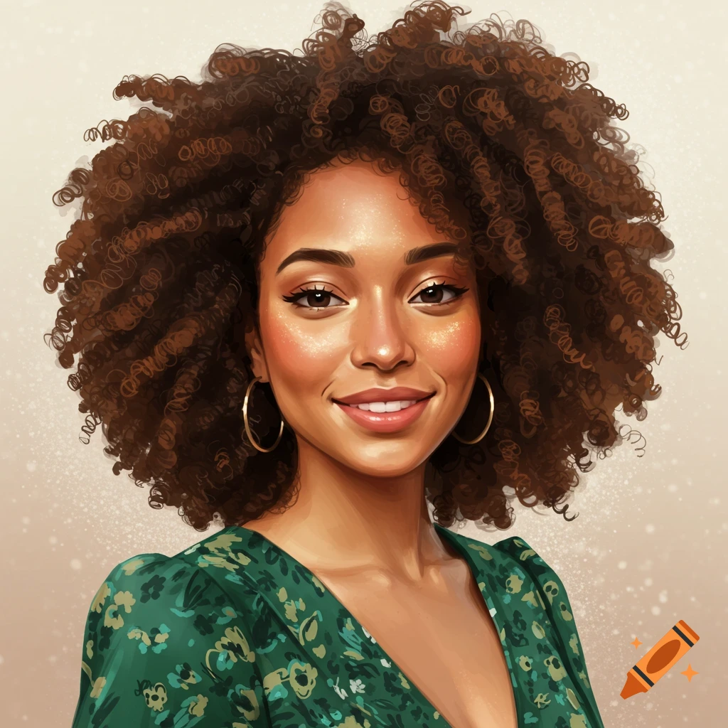 Illustration of a woman with coily hair wearing a green dress.