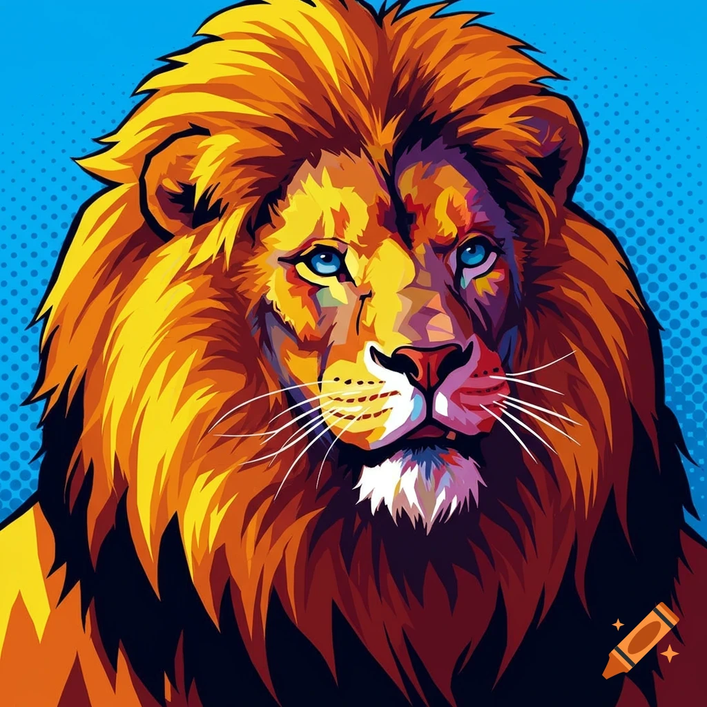 Pop art portrait of a lion with a colorful mane against a blue dotted background.