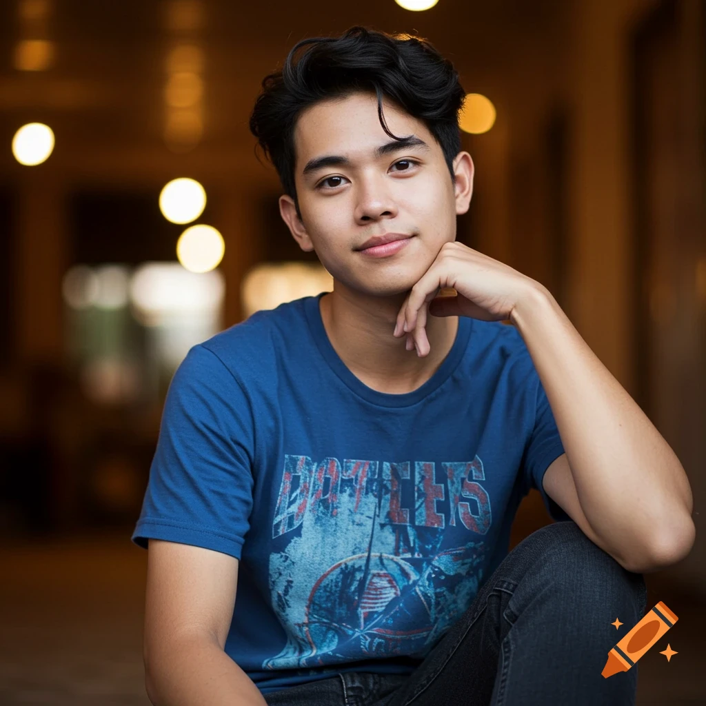 Portrait of a young man in a blue t-shirt posing indoors