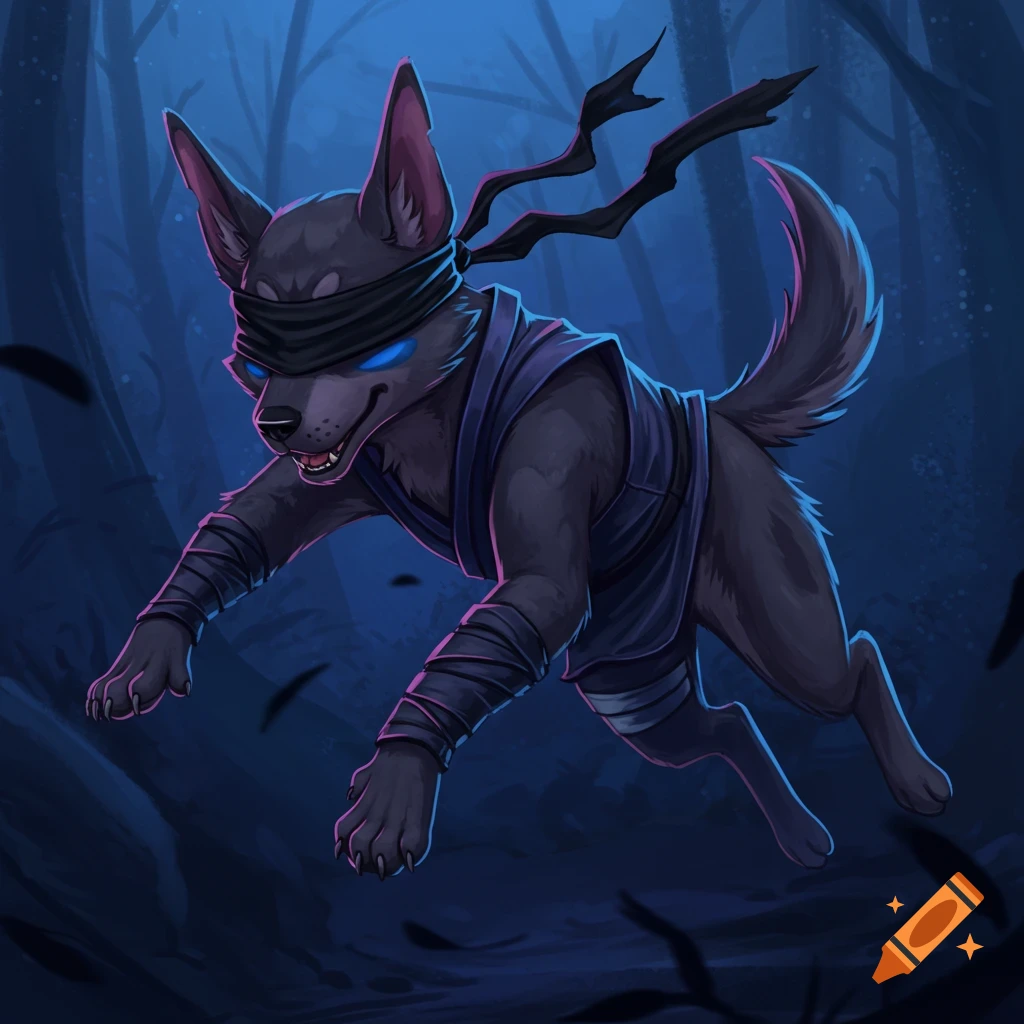 An illustration of a blindfolded black dog dressed as a ninja leaping through a dark forest.
