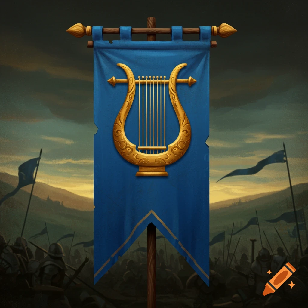 Blue medieval banner with a gold lyre on a battlefield, digital illustration.