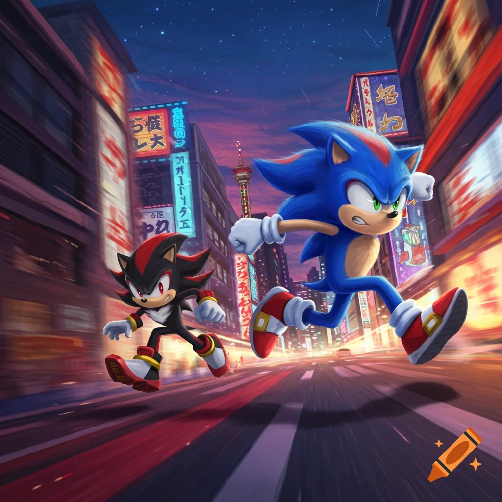 Sonic and Shadow race down a neon-lit city street at night in a digital illustration style.